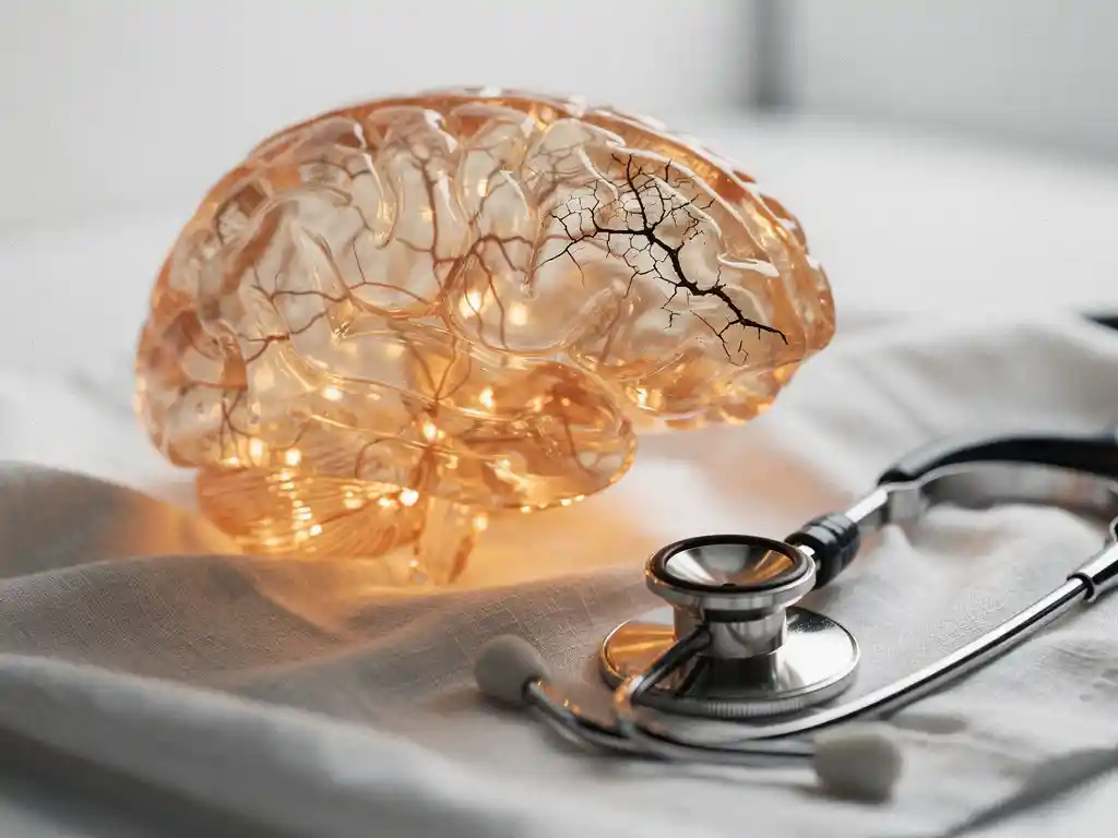 Lasinen aivomallin läpikuultavilla hermostorakenteilla ja halkeilulla pallonpuoliskolla, stetoskooppi vieressä valkoisella liinalla