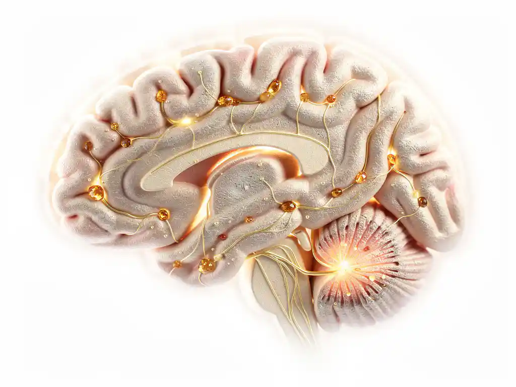 Ihmisaivojen poikkileikkaus, jossa kultaiset hermoradat ja pienet keltaiset tulehdushiukkaset hermokudoksessa