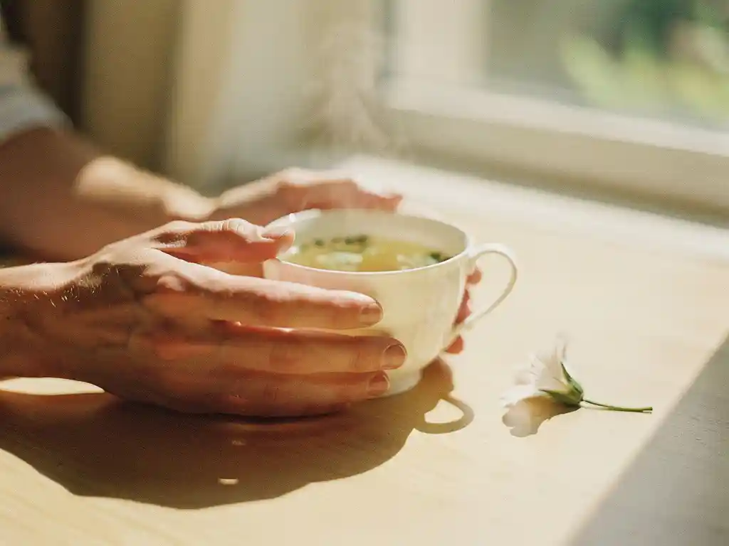 Mitä on RO-DKT hoito? Kaksi kättä pitää hellästi posliiniteekuppia lämpimän yrttitteen kanssa, pehmeä luonnonvalo valaisee puupöydän ja kukankronlehden