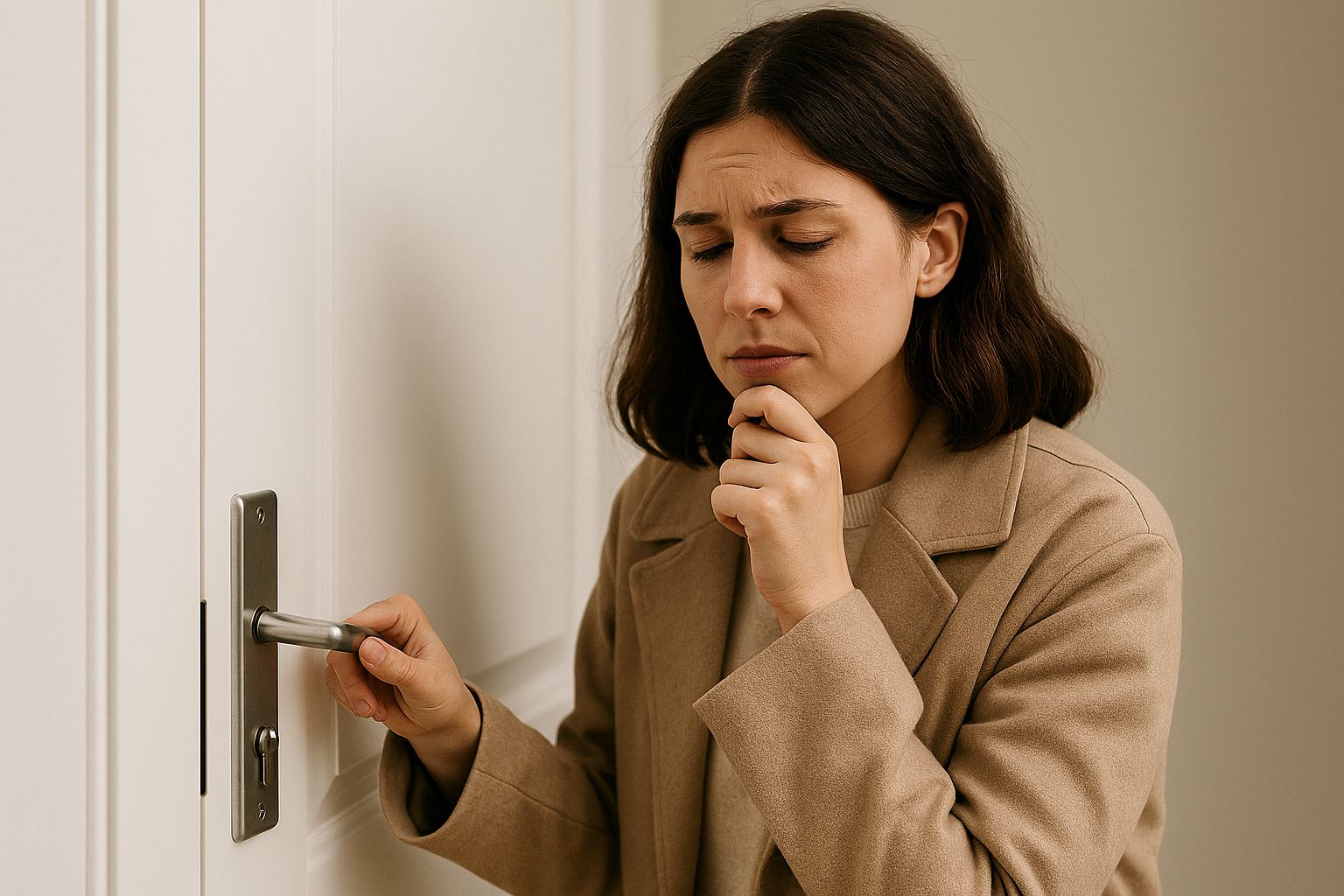 henkilö tarkistaa ovea