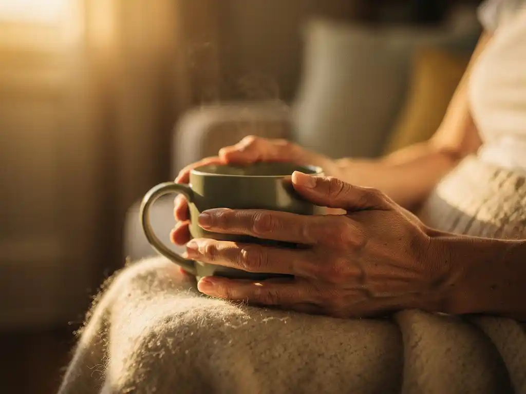 Estyneisyys yksi anoreksian voimakkaimmista mekanismeista Kädet pitävät höyryävää teemukia villaviltin päällä, lämpimässä iltapäivävalossa
