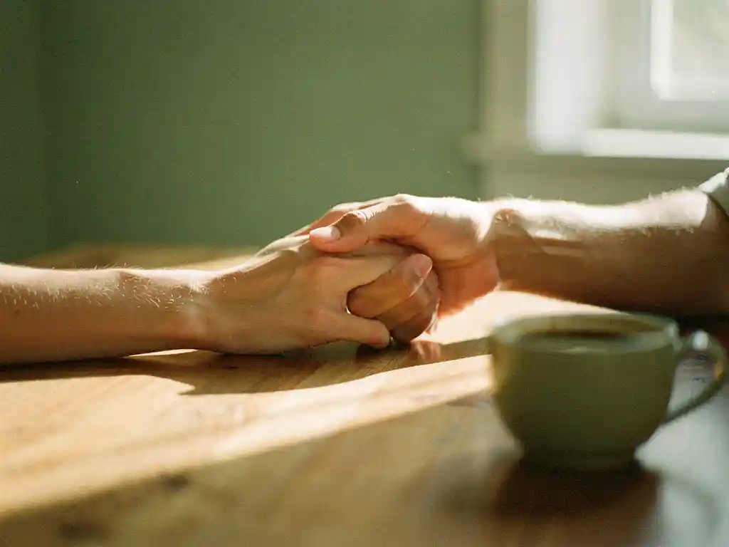 Epäilen lapsellani syömishäiriötä Kaksi kättä pitämässä hellästi toisistaan puupöydän yli, luonnonvalo valaisee kohtauksen, kahvikuppi lähistöllä