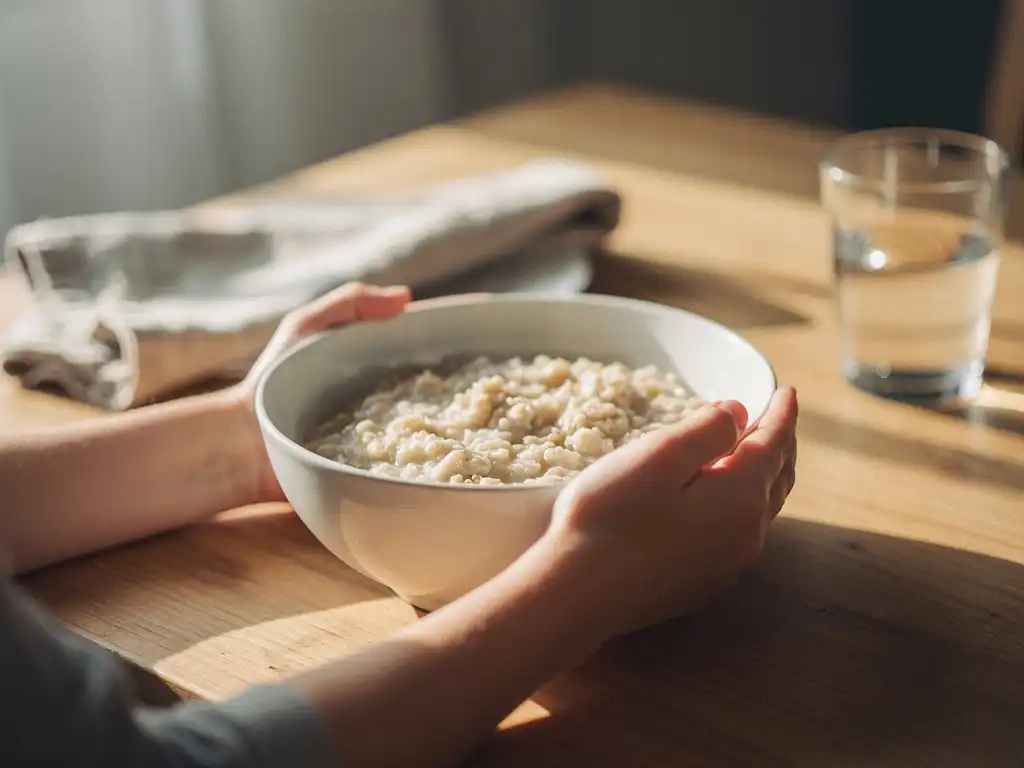 Kädet pitävät valkoista kaurakuppoa puupöydällä aamuvalossa, vieressä pellavaliina ja vesilasi