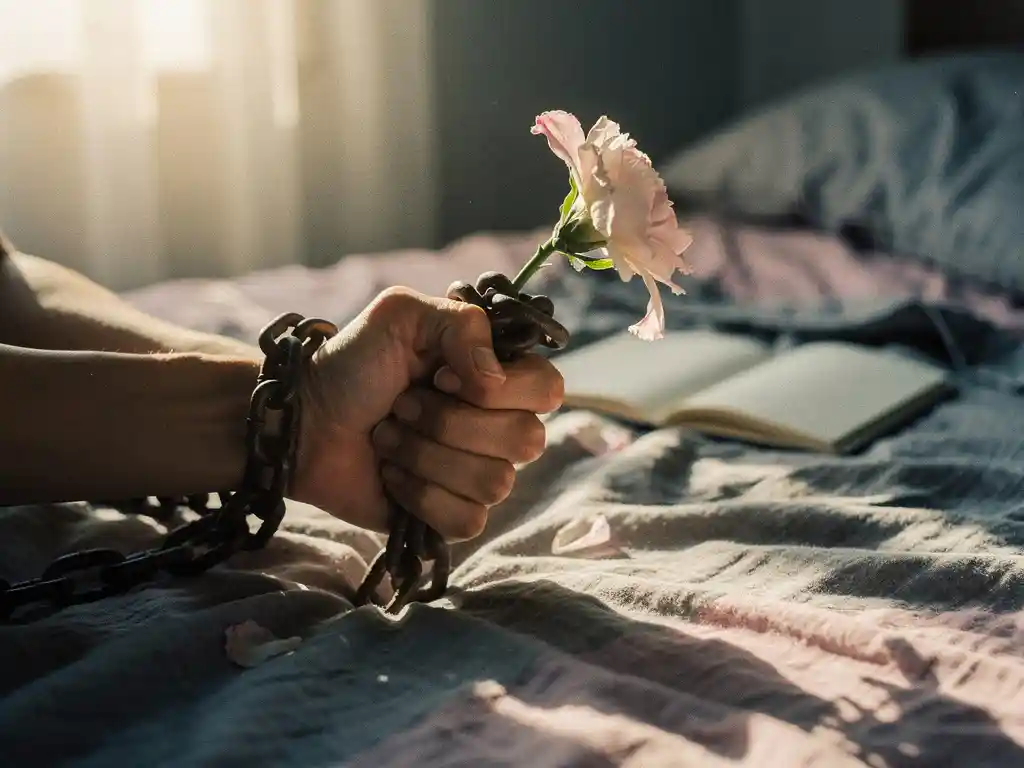 Kädet puristavat rautaketjua, joka murskaa kukkivaa kukkaa, makuuhuoneessa aamuvalaistuksessa