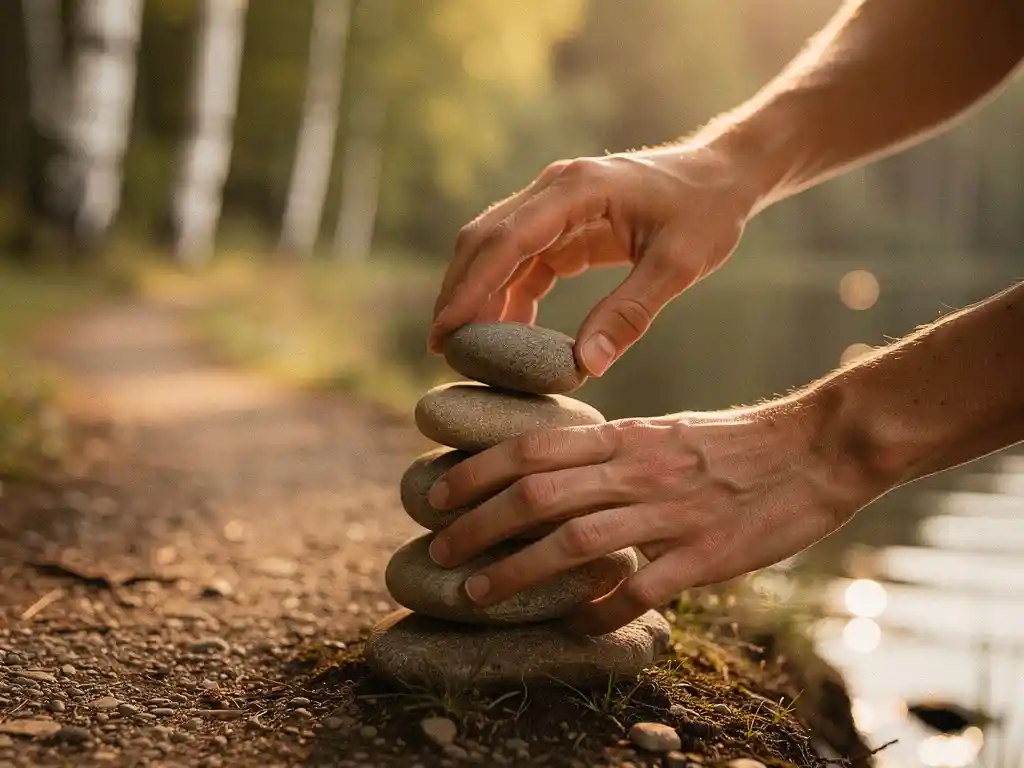 Kädet asettavat jokikiveä tasapainotettuun kivipinooon järvenrantapolulla, koivujen läpi suodattuva kullanvärinen iltapäivänvalo