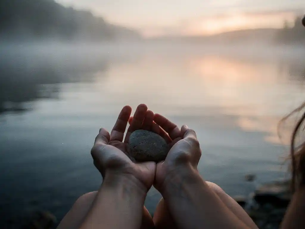 Naisen kädet pitelevät sileää jokikiveä aamusumuisen järven rannalla, lämpimät auringonnousun sävyt vedessä