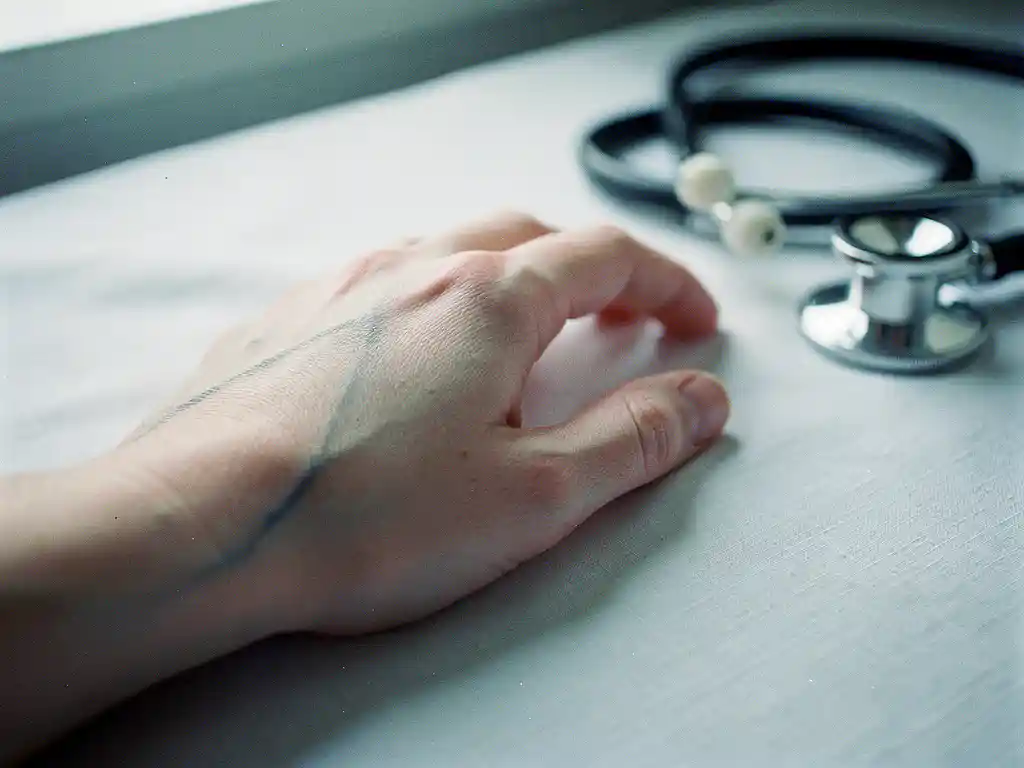 Käsi laskeutumassa vaalealle iholle, jossa näkyy sinisiä suonia, taustalla stetoskooppi valkoisella liinalla