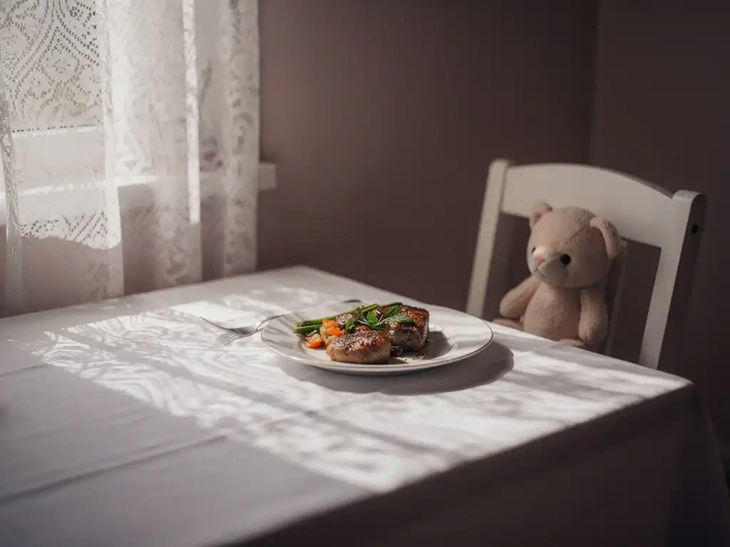 Tyhjä lasten tuoli ruokapöydän ääressä, koskematon lautanen ja pehmeälelu, aamuvalo verhon läpi.