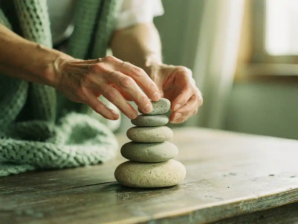 Naisen kädet asettavat tasapainottavasti kiviä pöydälle mindfulness-harjoituksessa, pehmeä luonnonvalo ja lämmin tunnelma.