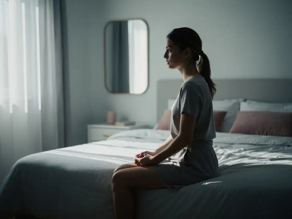 Nuori nainen istuu yksin sängyn reunalla hämärässä makuuhuoneessa, asento jäykkä ja kädet tiukasti sylissä