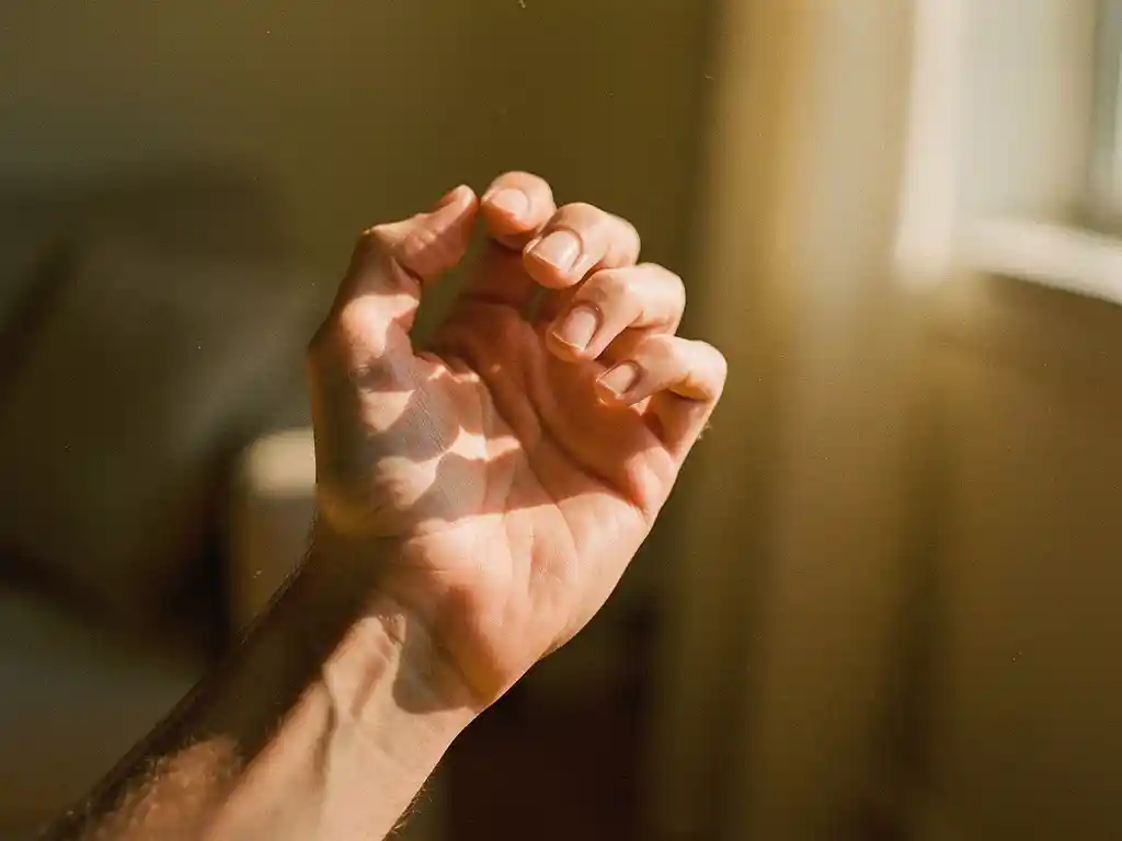 Kädet aukeavat nyrkistä paljastaen kämmen, lämmin aamuvalo luo varjoja, rauhallinen koti-ilmapiiri.