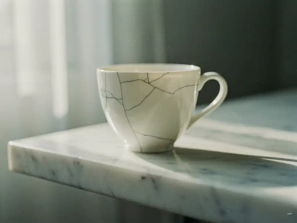 Posliininen teekuppi tasapainossa marmoripöydän reunalla, hiushalkeamia valkoisella pinnalla, pehmeä luonnonvalo