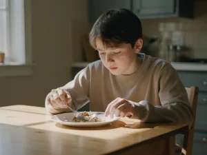 Nuori henkilö istuu yksin ruokapöydän ääressä työntäen haarukalla ruokaa lautasella, iltapäivän valo luo pehmeitä varjoja