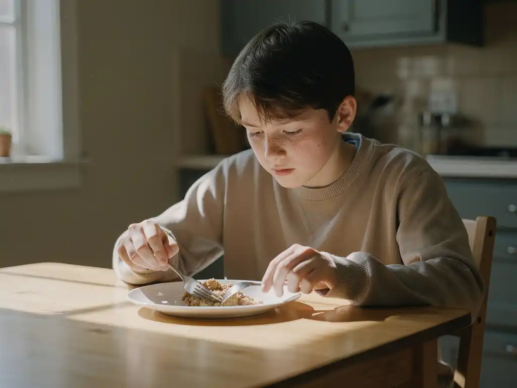 Nuori henkilö istuu yksin ruokapöydän ääressä työntäen haarukalla ruokaa lautasella, iltapäivän valo luo pehmeitä varjoja