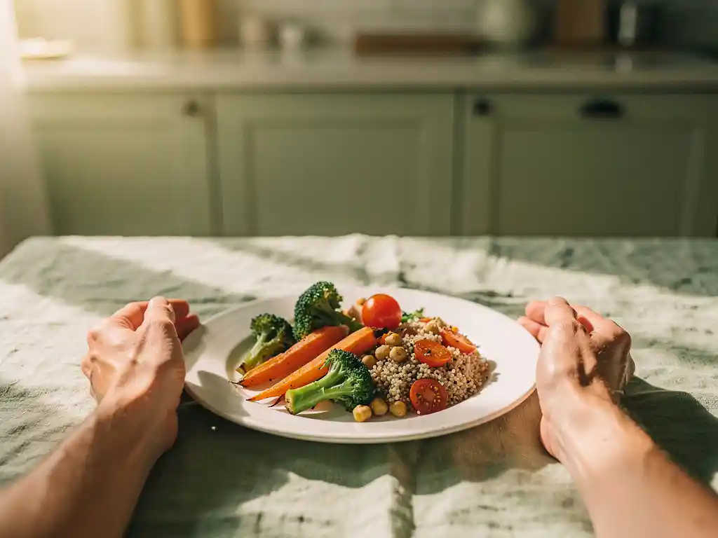Valkoisella lautasella värikkäitä vihanneksia ja viljoja, vierellä levollisesti lepäävät kädet luonnonvalossa