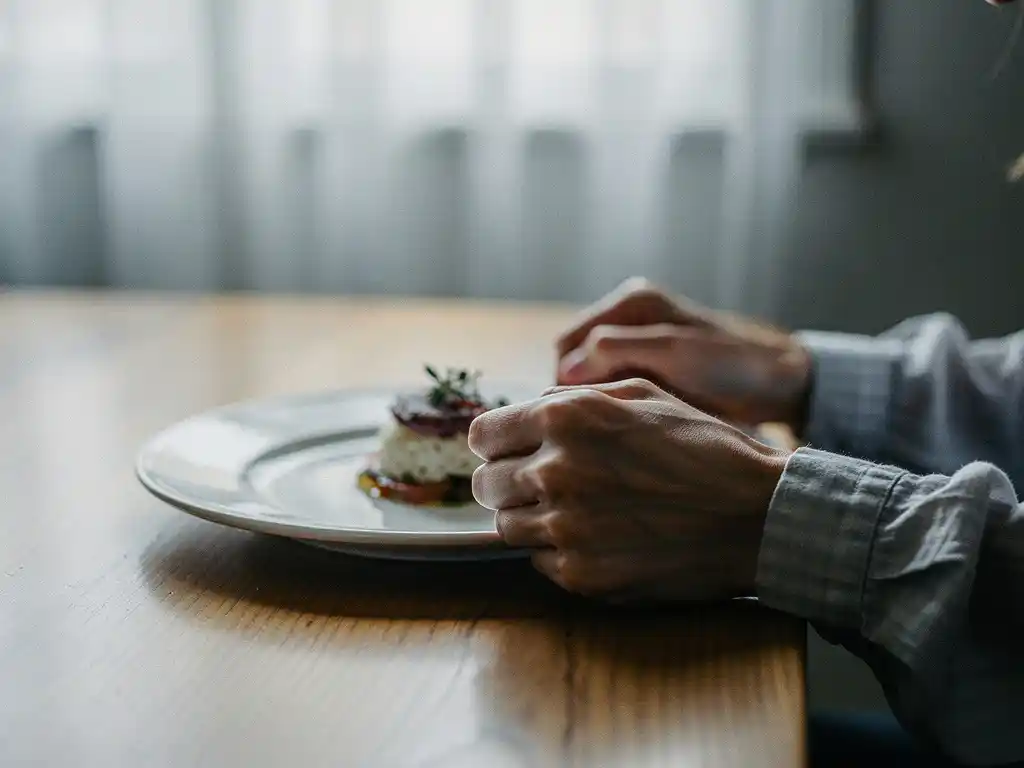 Naisen kädet puristavat voimakkaasti valkoista lautasta, jolla koskematon ateria, pehmeässä iltapäivävalossa.