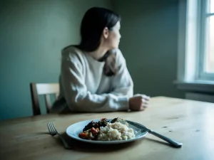 Nuori nainen istuu yksin ruokapöydän ääressä kääntyen ikkunaan päin, koskematon ateria pöydällä, vihertävät seinät ja luonnonvalo luovat mietteliään tunnelman