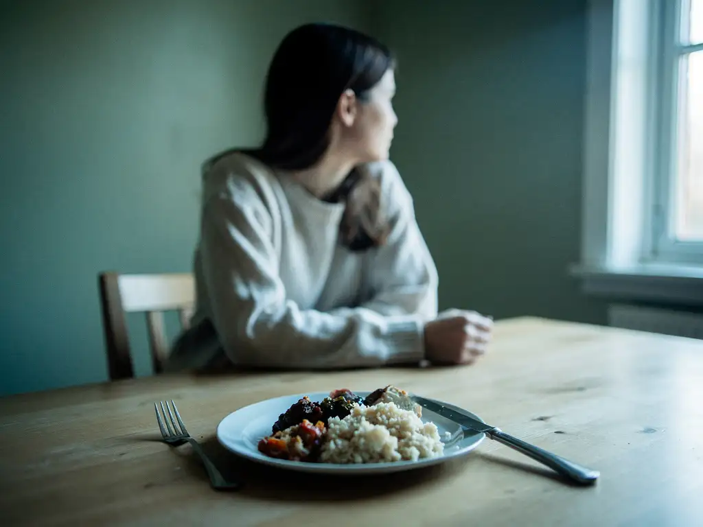 Nuori nainen istuu yksin ruokapöydän ääressä kääntyen ikkunaan päin, koskematon ateria pöydällä, vihertävät seinät ja luonnonvalo luovat mietteliään tunnelman