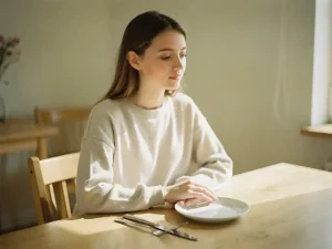Nuori nainen istuu rauhallisesti puupöydän ääressä valkoisen lautasen kanssa luonnonvalossa, kädet pöydällä mietteliäänä.