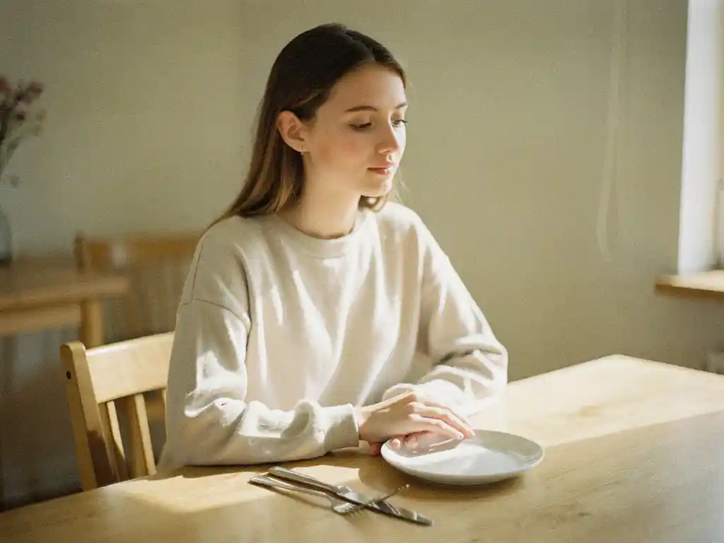 Nuori nainen istuu rauhallisesti puupöydän ääressä valkoisen lautasen kanssa luonnonvalossa, kädet pöydällä mietteliäänä.