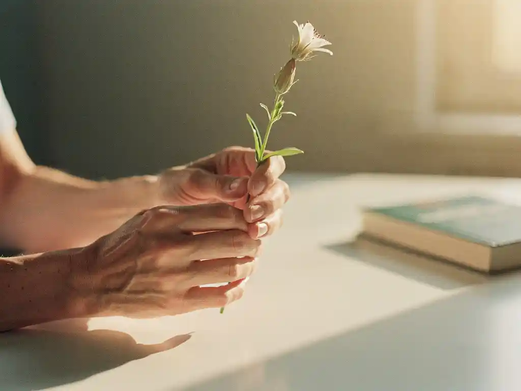 Terapeutin kädet pitävät hellästi suomalaista kukkaa, joka muuttuu nupusta täyteen kukkaan valoisalla klinikkapöydällä