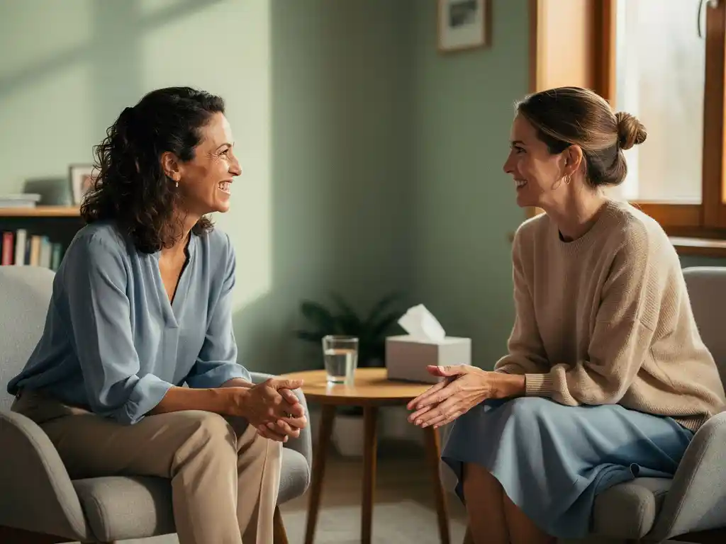 Kaksi naista istuu nojatuoleissa keskustellen lämpimästi terapeuttisessa tilassa, luonnonvalo virtaa ikkunasta