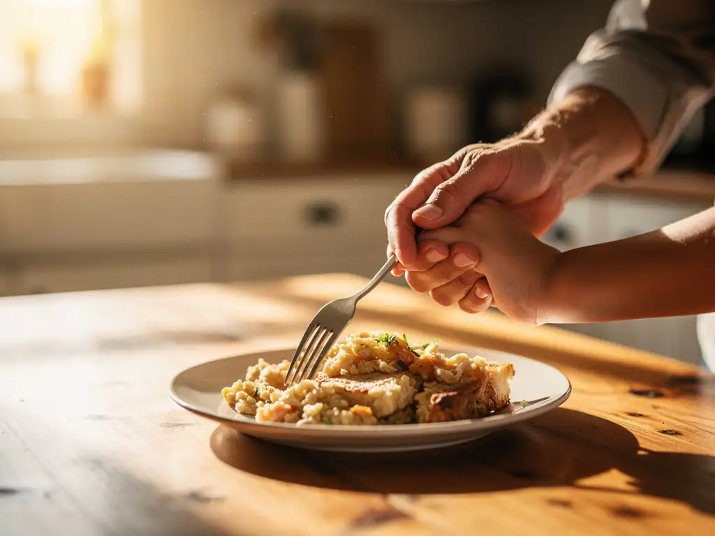 Vanhemman käsi tukee nuoren vapisevan käden haarukan kanssa puisella keittiönpöydällä, lämmin auringonvalo valaisee kohtauksen.