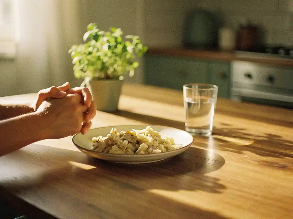 Miten tukea syömishäiriötä sairastavaa nuorta kotona – lääkärin ohjeet vanhemmalle Vanhemman kädet asettavat kotitekoista ateriaa lautaselle teini-ikäisen käsien viereen keittiön pöydällä kultaisessa luonnonvalossa