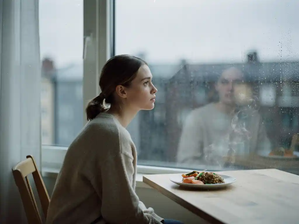 Virheiden pelko ohittaa painon merkityksen Nuori nainen istuu yksin sateisen ikkunan ääressä pohjoismaisessa asunnossa, koskematon ruokalautanen puupöydällä vieressä.