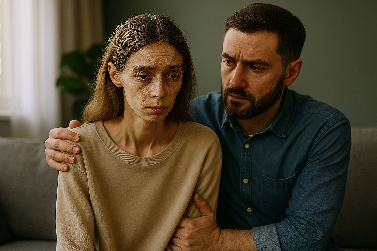 nälkiintynyt nainen ja läheinen yhdessä