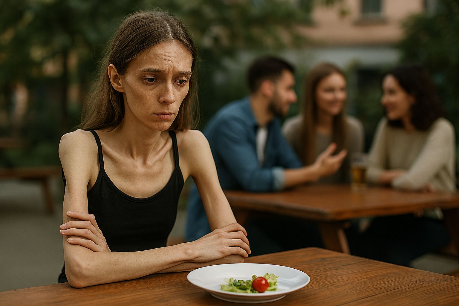 nälkiintynyt nainen yksin salaattinsa kanssa, kun taustalla iloisia ihmisiä